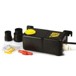 Allegra24 Aspen Mini Tank Kondensatpumpe, schwarzes Gehäuse mit gelbem Deckel und Zubehör.