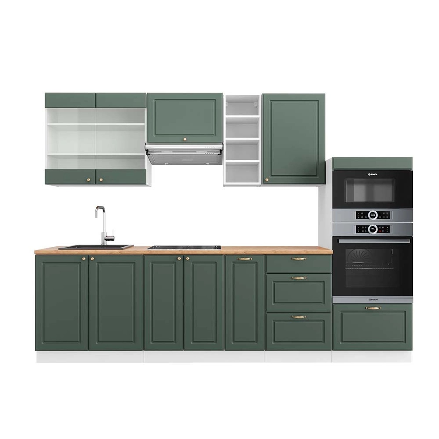 Vicco Fame-Line Küchenzeile Grün-Gold Landhaus/Weiß 280 cm AP Eiche günstig online kaufen