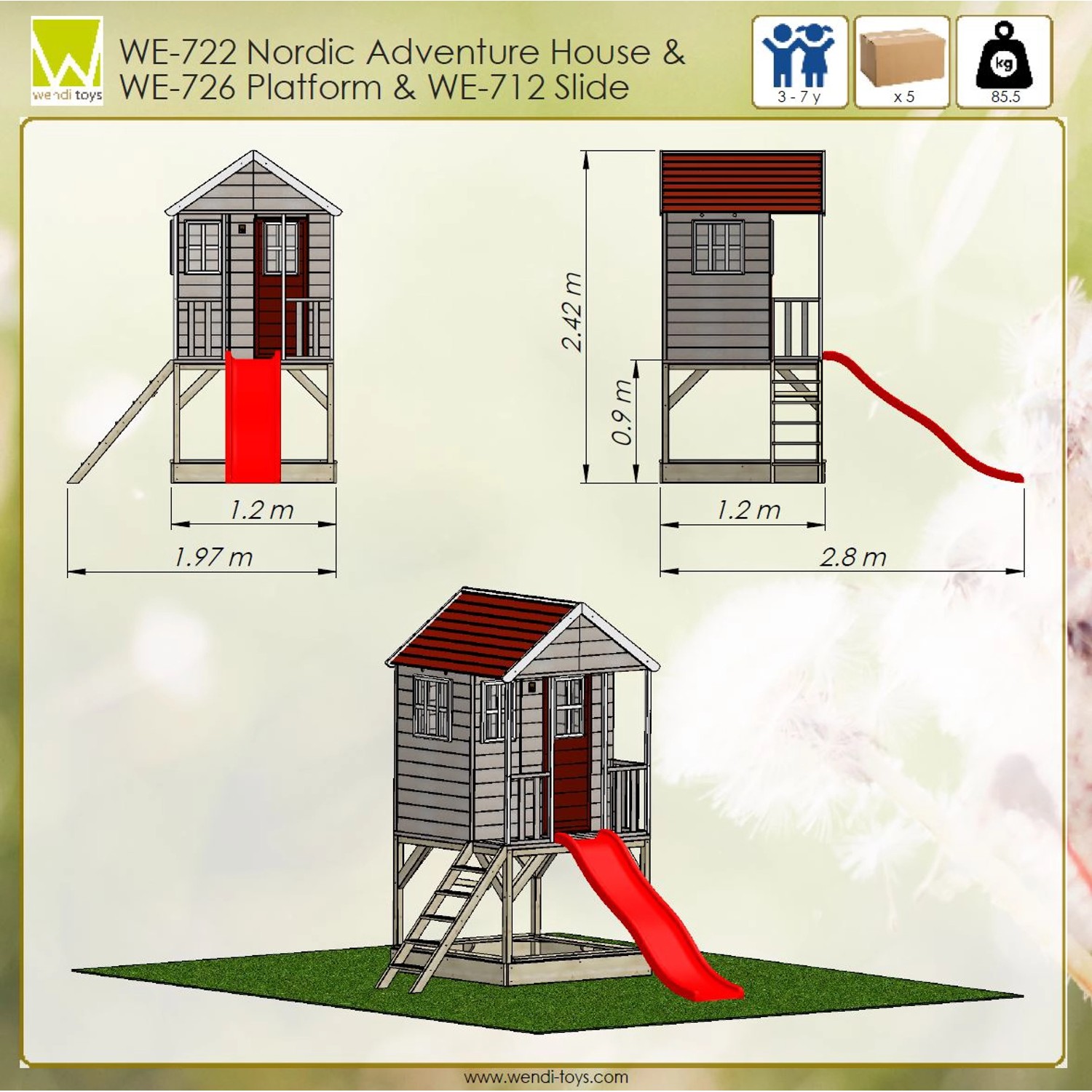 Wendi Toys Kinderspielhaus Frosch mit Veranda, Rutsche und Spielturm, Ansichten mit Maßen.