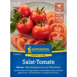 Kiepenkerl Salat-Tomate Bauna F1-Hybride, rote, runde Früchte und Tomatenscheiben.