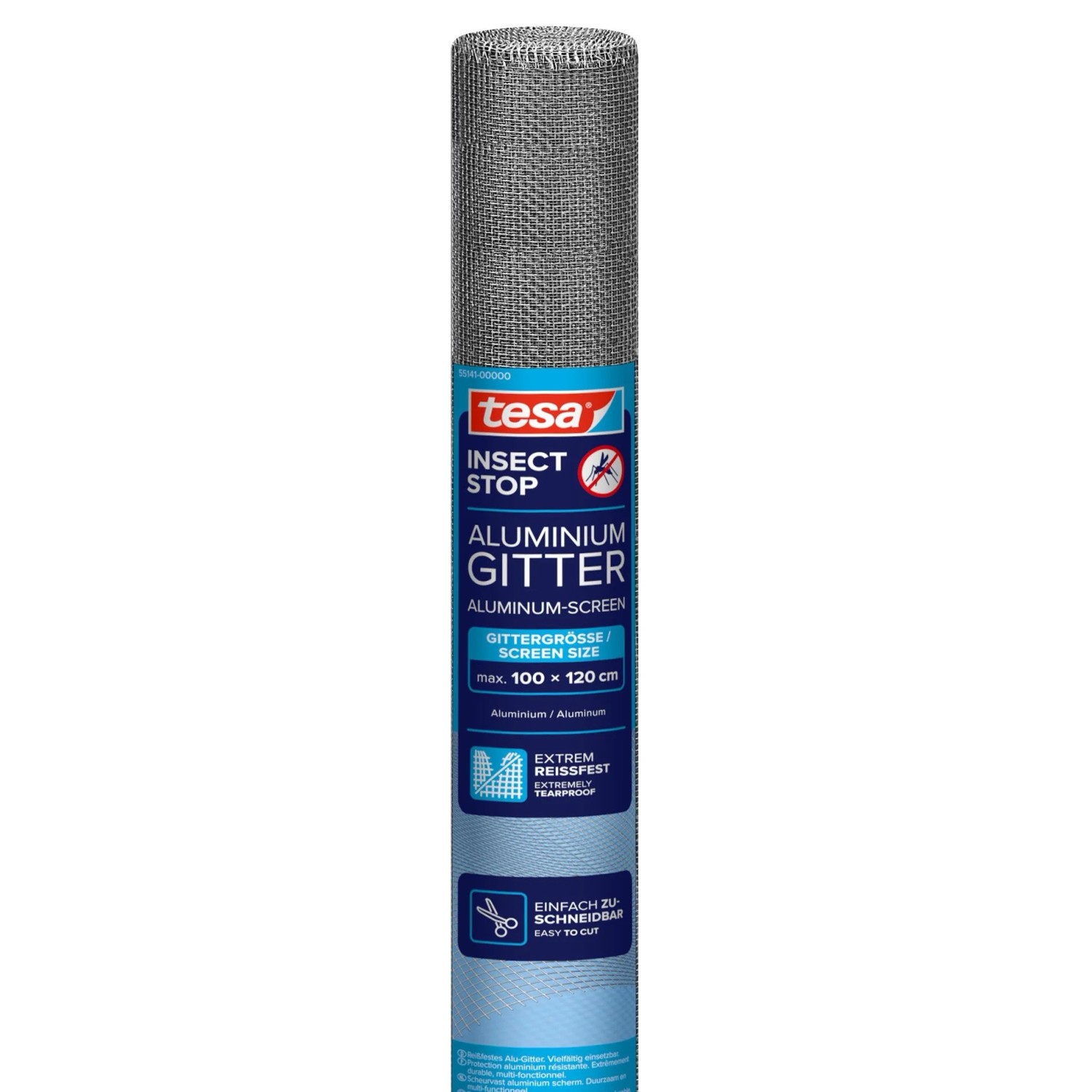tesa® Insect Stop Aluminium Gitter, Insektenschutz für Fenster und Türen, aufgerollt.