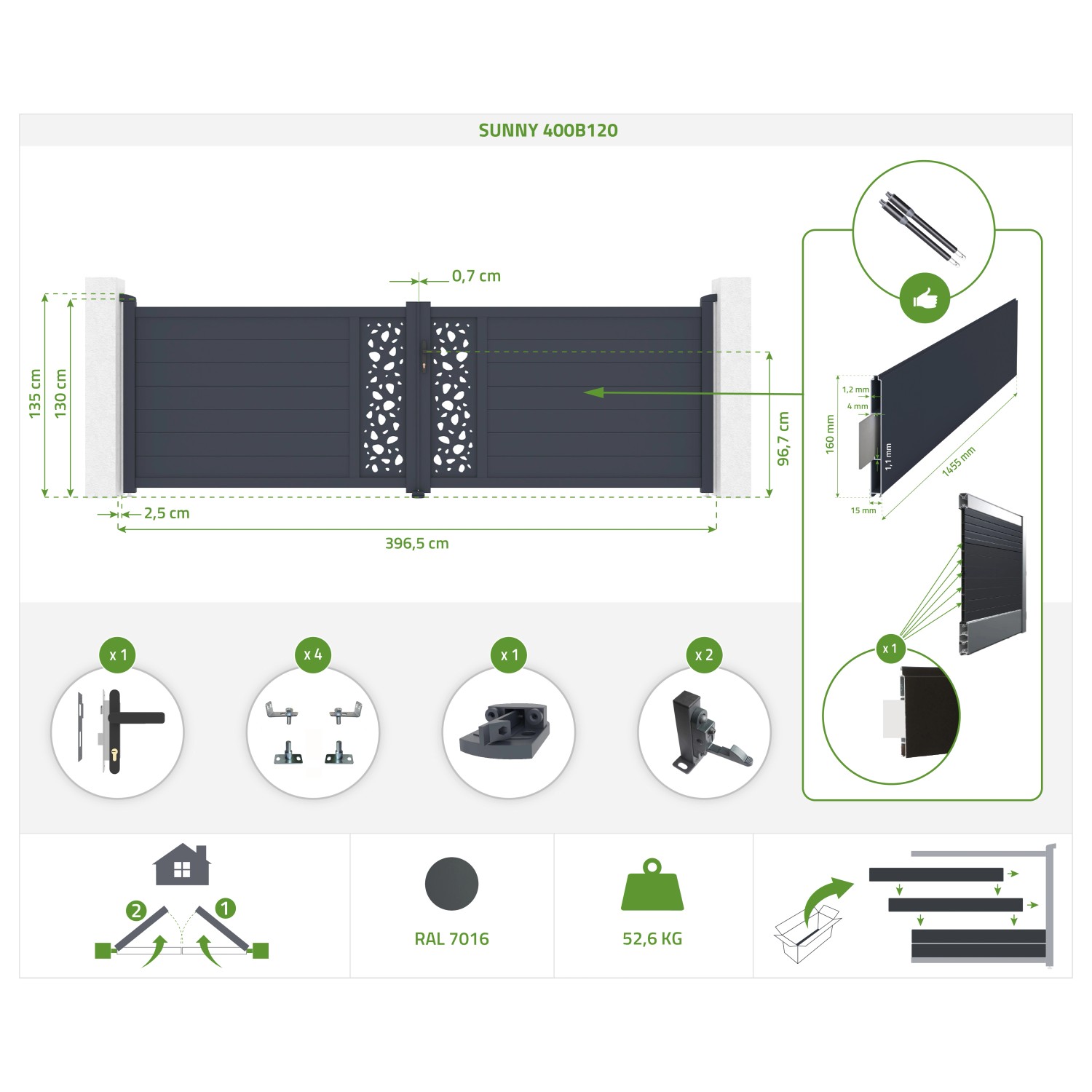 Casanoov Schwenktor Sunny 4M mit Motorisierung: Aluminium Gartentor, graue Ausführung, inklusive Zubehör.