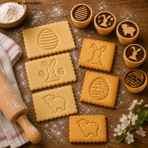 5er Set Holz Teigstempel mit Ostermotiven: Hase, Ei, Schaf. Abdrücke auf Keksen, Backen & Basteln in der Küche.