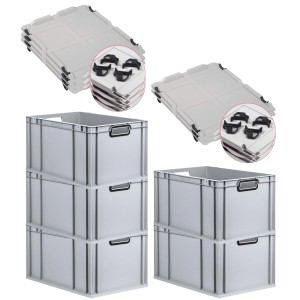 PROREGAL SparSet: 5 graue Euroboxen mit Deckel, 65L, mit schwarzen Griffen. Stapelbare Aufbewahrungsboxen.