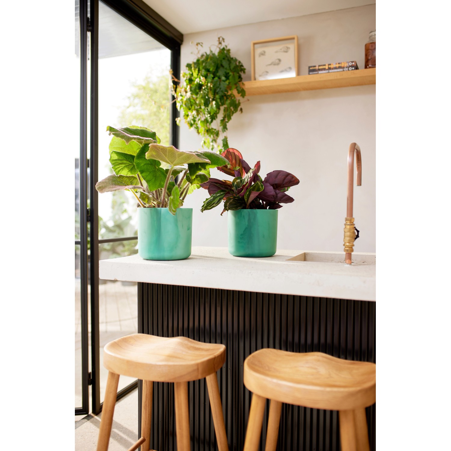 Zwei atlantikblaue Elho Blumentöpfe Ocean Collection Ø 16 cm mit Pflanzen auf einer Küchentheke.