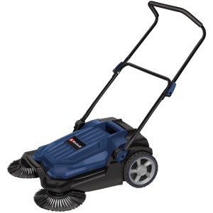 Einhell Blue Kehrmaschine BT-KM 65: Blaue Kehrmaschine mit Bürsten und Griff für Gehwege und Einfahrten.