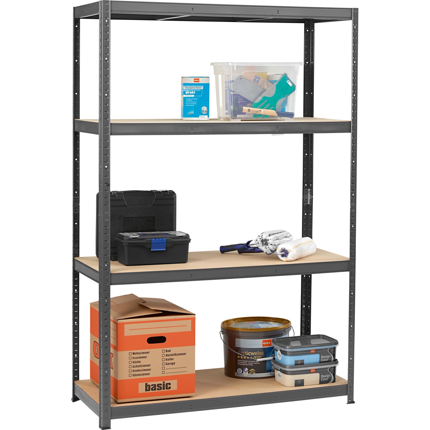 Metall-Schwerlastregal mit 4 Böden, lackiert, 180x120x50cm, zur Aufbewahrung im Keller oder Werkstatt.