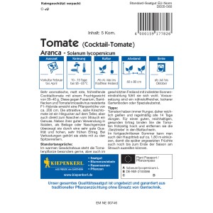 Kiepenkerl Cocktail-Tomate Aranca F1-Hybride Samenpackung mit Infos zu Aussaat, Ernte und Eigenschaften.