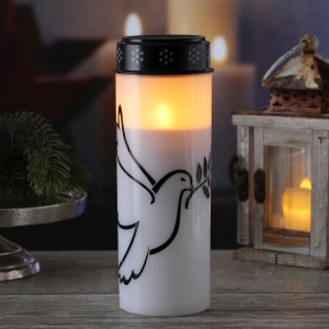 Weißes LED Grablicht mit Taube, 21cm hoch, mit Timer für Friedhof und Gedenken.