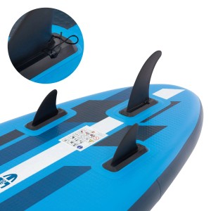 Blaues ECD Germany Stand Up Paddle Board mit drei Finnen für Richtungsstabilität.