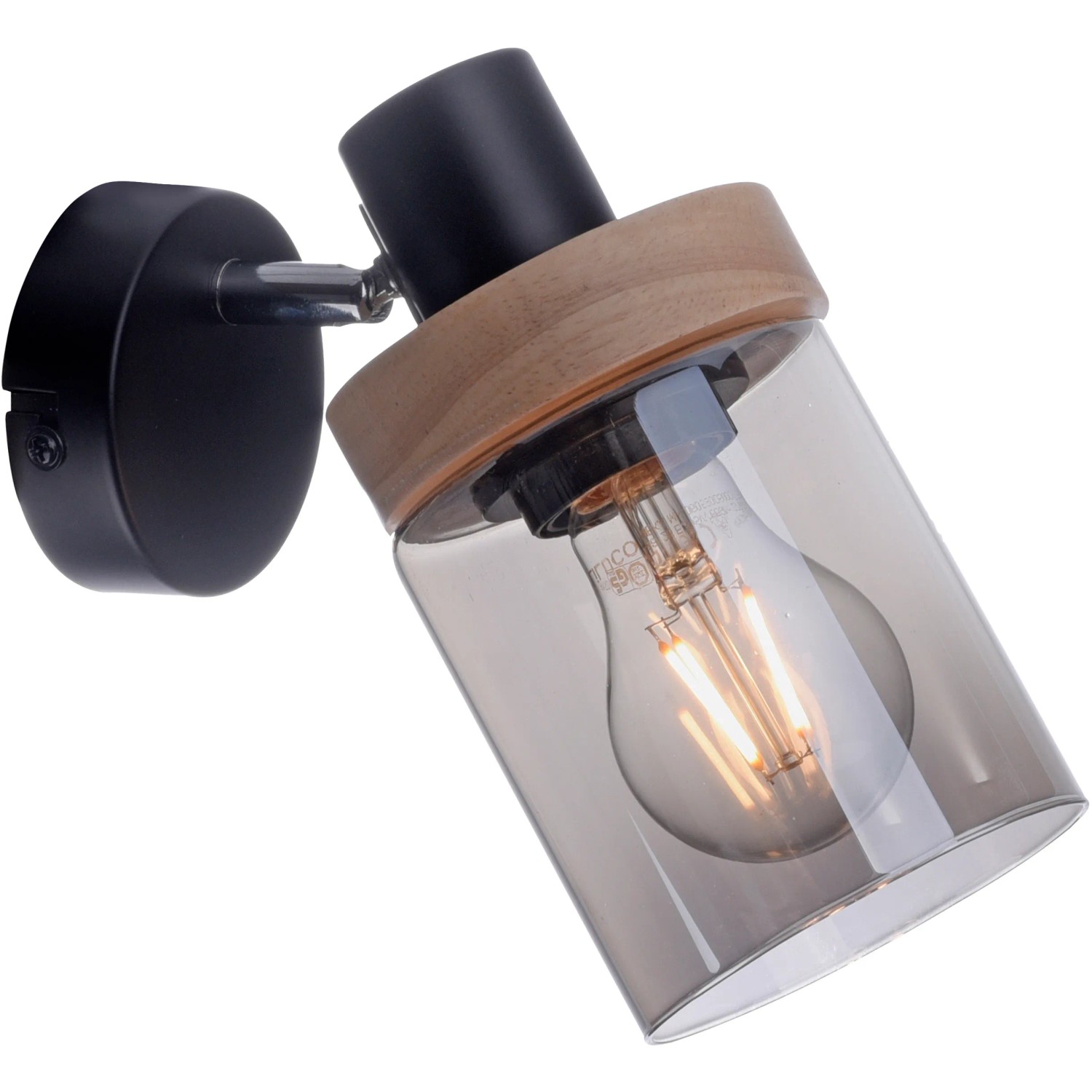 Schwarze Wandleuchte Pasqual mit Rauchglas und Holz für E27 Leuchtmittel.