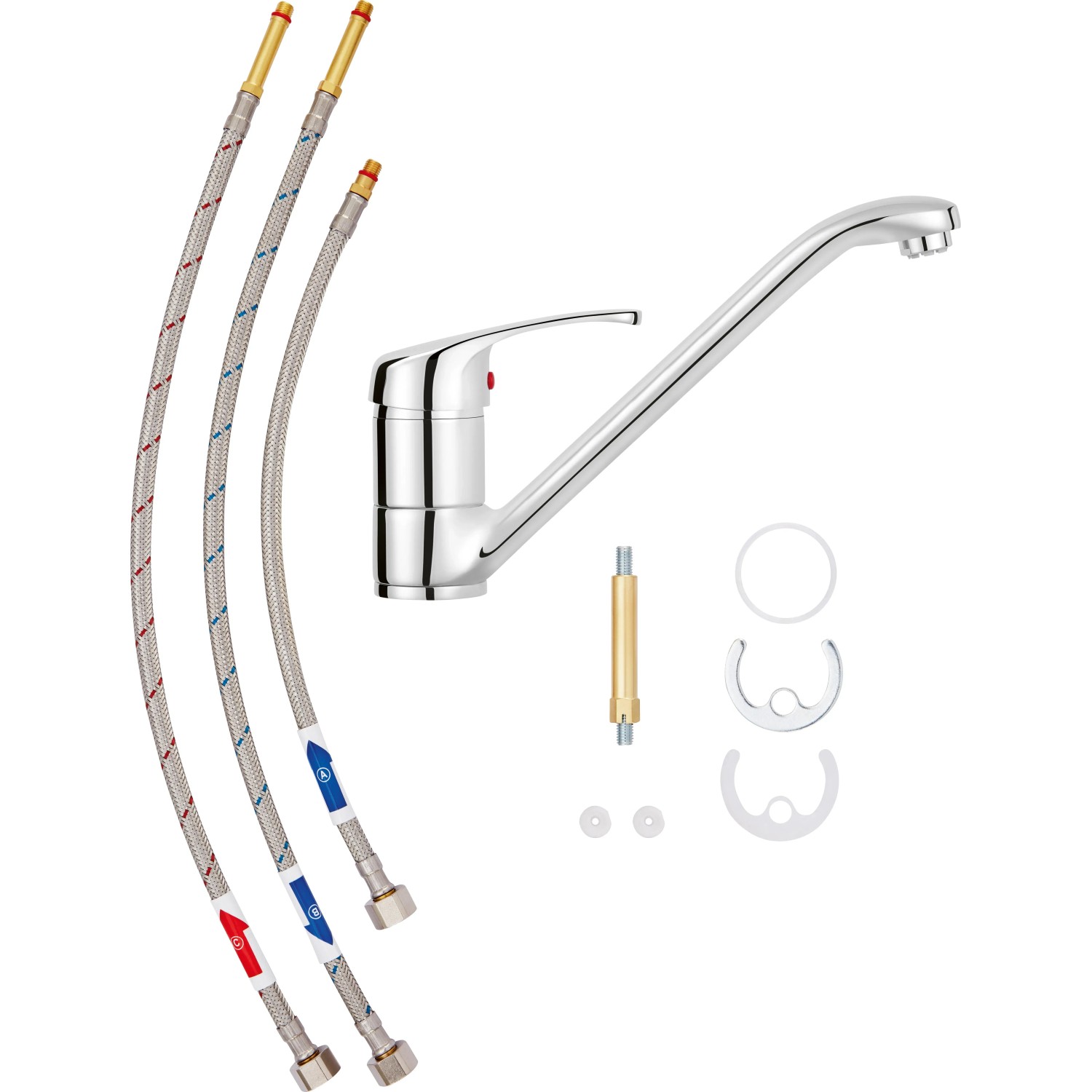 baliv Niederdruck Küchenarmatur KI-5090 N Chrom mit Anschlussschläuchen und Befestigungsmaterial.