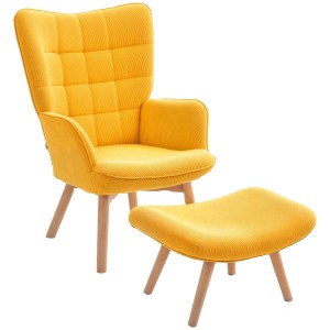 HOMCOM Ohrensessel mit Hocker, Kordstoff orange, Loungesessel mit Holzfüßen.