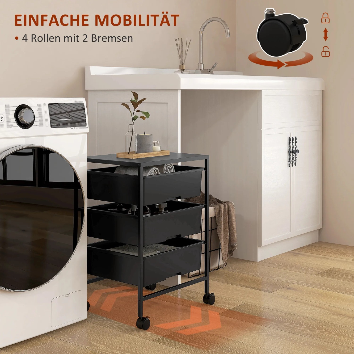 Schwarzer HOMCOM Rollwagen mit 3 Ablagen aus Stahl und Kunststoff. Bürocontainer für mehr Stauraum.