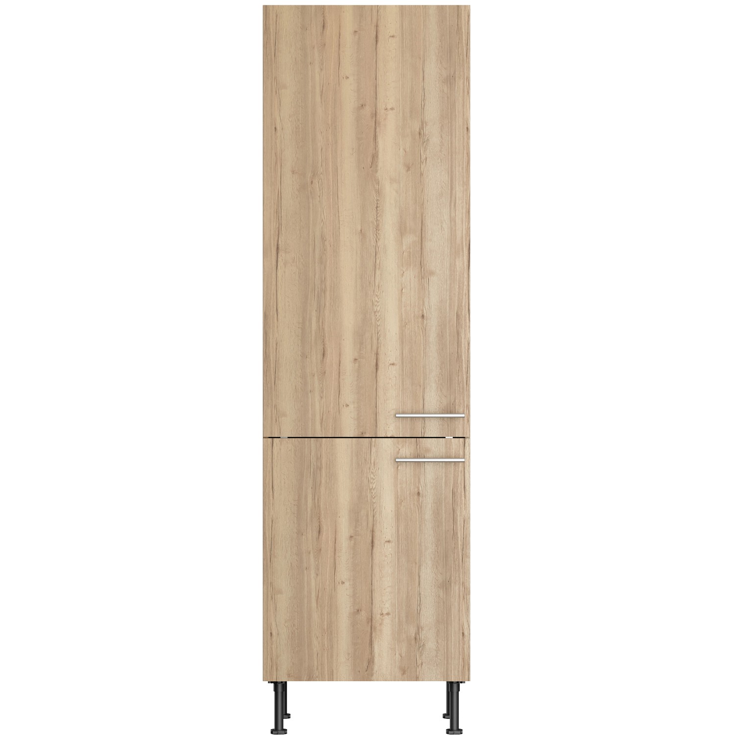 Optifit Hochschrank Erik290 in Wildeiche, 60 cm breit, mit zwei Türen und Griffen in Edelstahloptik.
