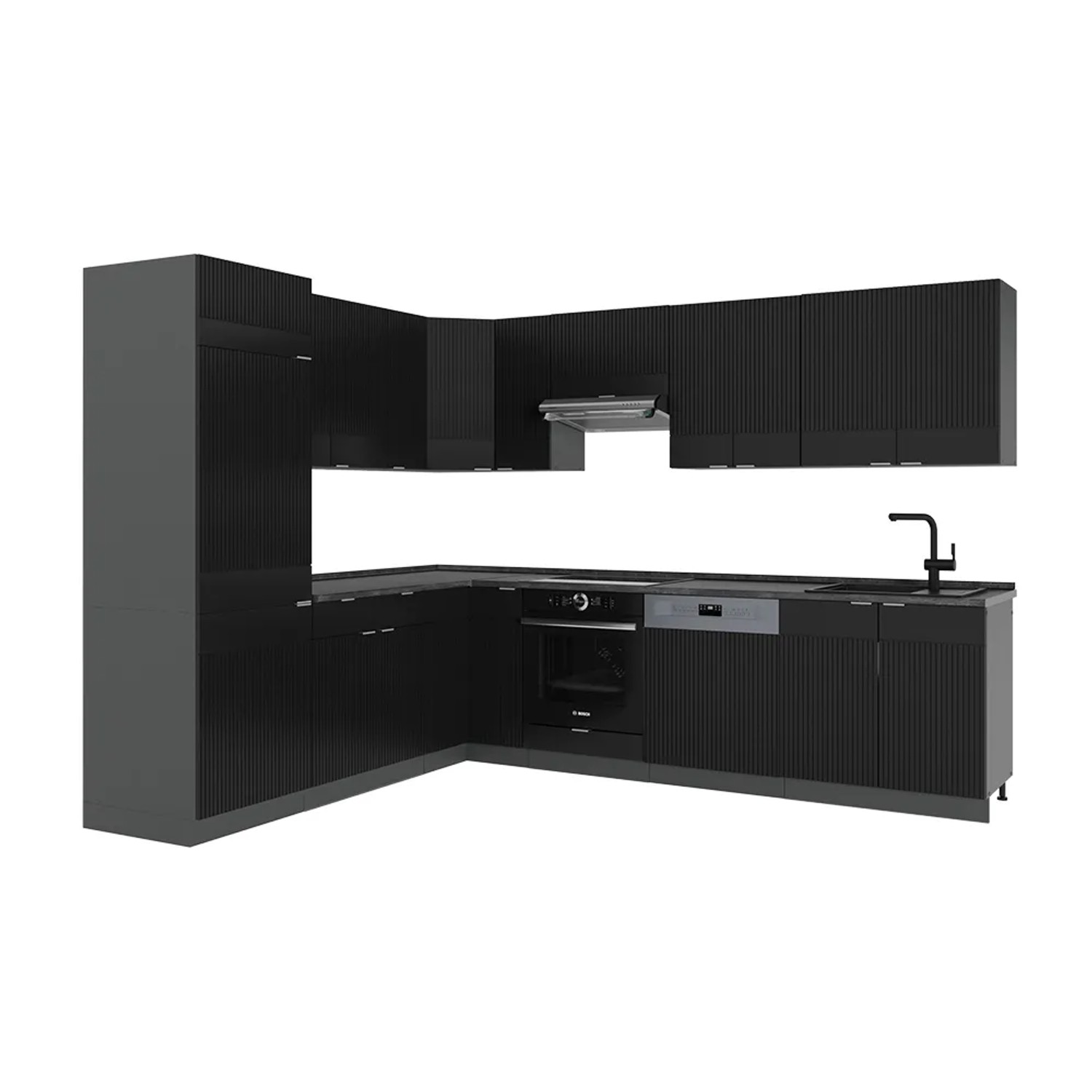 Vicco Fame-Line Eckküche Schwarz gestreift/Anthrazit 227 x 287 cm AP Marmor ohne E-Geräte