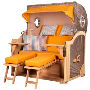 Komplettset: Grauer Teak Strandkorb Königssee mit Bullauge, Fußstützen, Tischen und Schutzhülle.