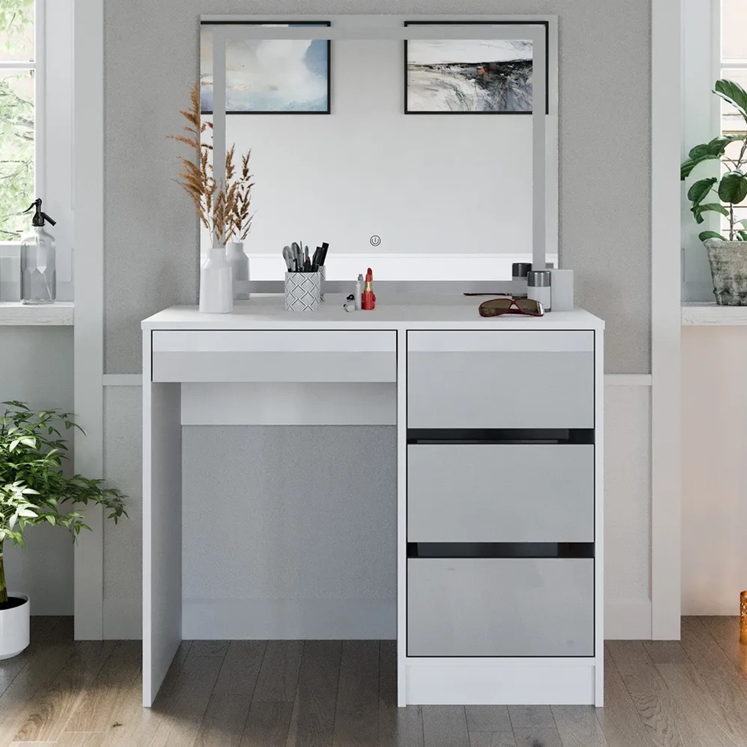 Vicco Schminktisch Sherry Weiß Hochglanz 90 cm mit LED-Spiegel_5