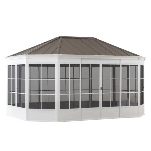 Weißer Sunjoy Gazebo Birkett aus Stahl, 366x488 cm, mit Insektenschutz und Stahldach.