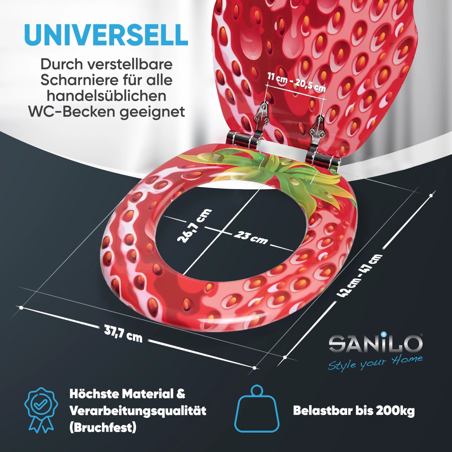 Sanilo WC-Sitz Strawberry mit Absenkautomatik, Toilettendeckel aus Holz mit Erdbeer-Design.