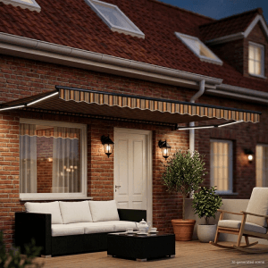 Elektrische Markise 5x3m in Gelb-Grau mit LED-Licht über einer Terrasse. Sonnenschutz für gemütliche Abende im Außenbereich.