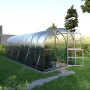 Großes Klasika Arch Gewächshaus 18m² mit Polycarbonatabdeckung und geöffneten Fenstern.
