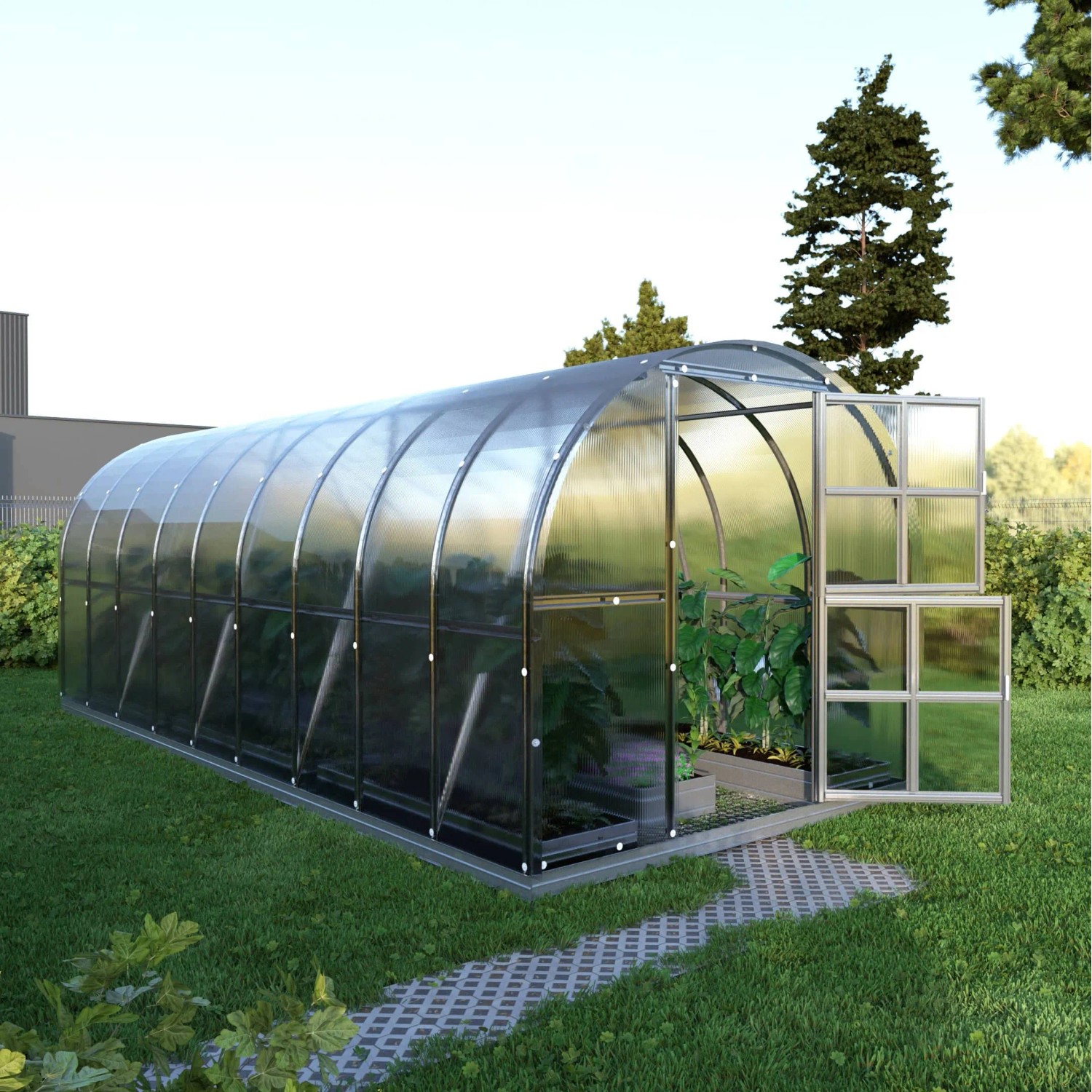 Großes Klasika Arch Gewächshaus 18m² mit Polycarbonatabdeckung und geöffneten Fenstern.