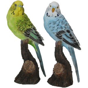 Deko-Figur: Zwei Wellensittiche (grün, blau) auf Baumstumpf, 18 cm, Gartendekoration.