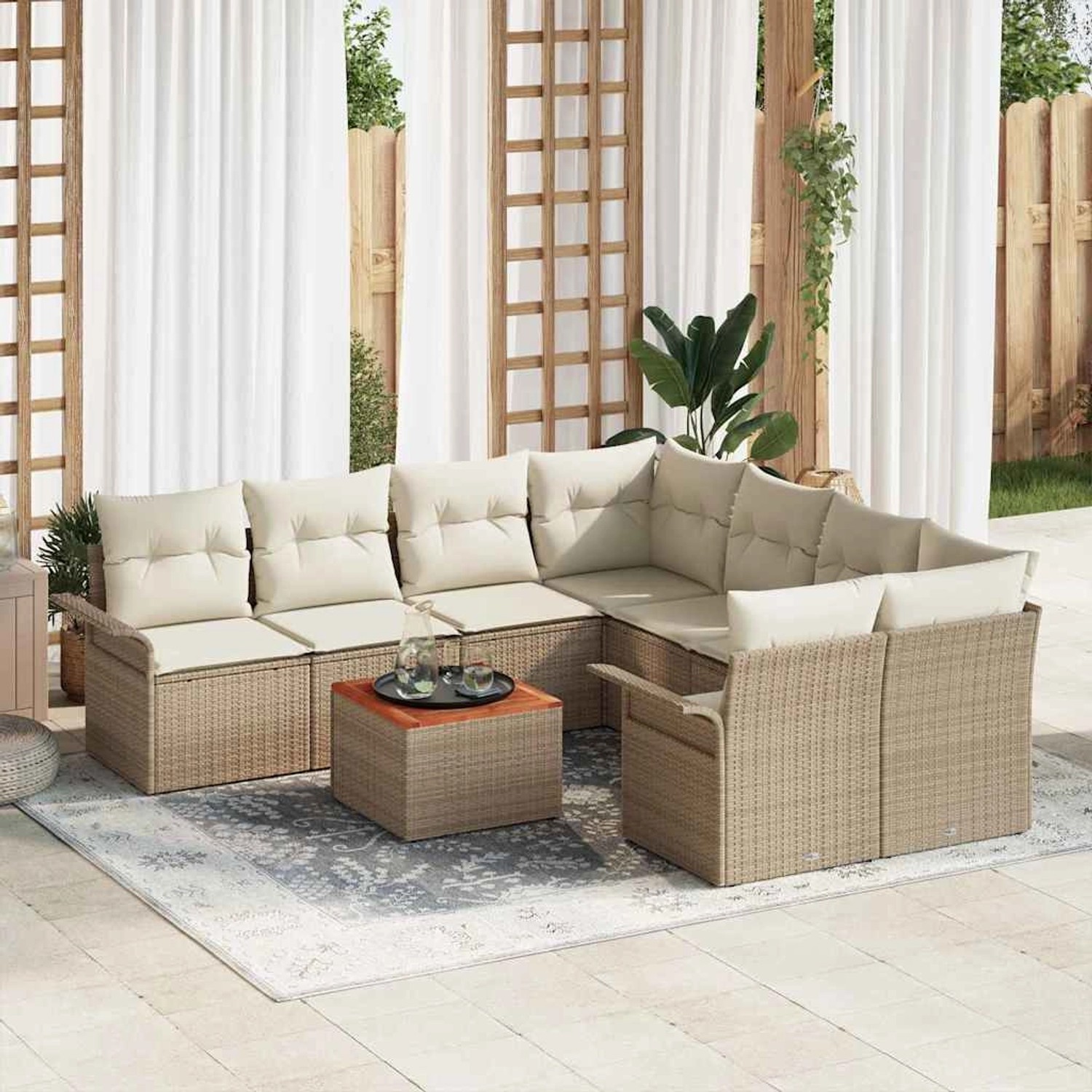 Beiges 9-teiliges vidaXL Garten-Sofa-Set aus Poly Rattan mit Tisch und Auflagen.
