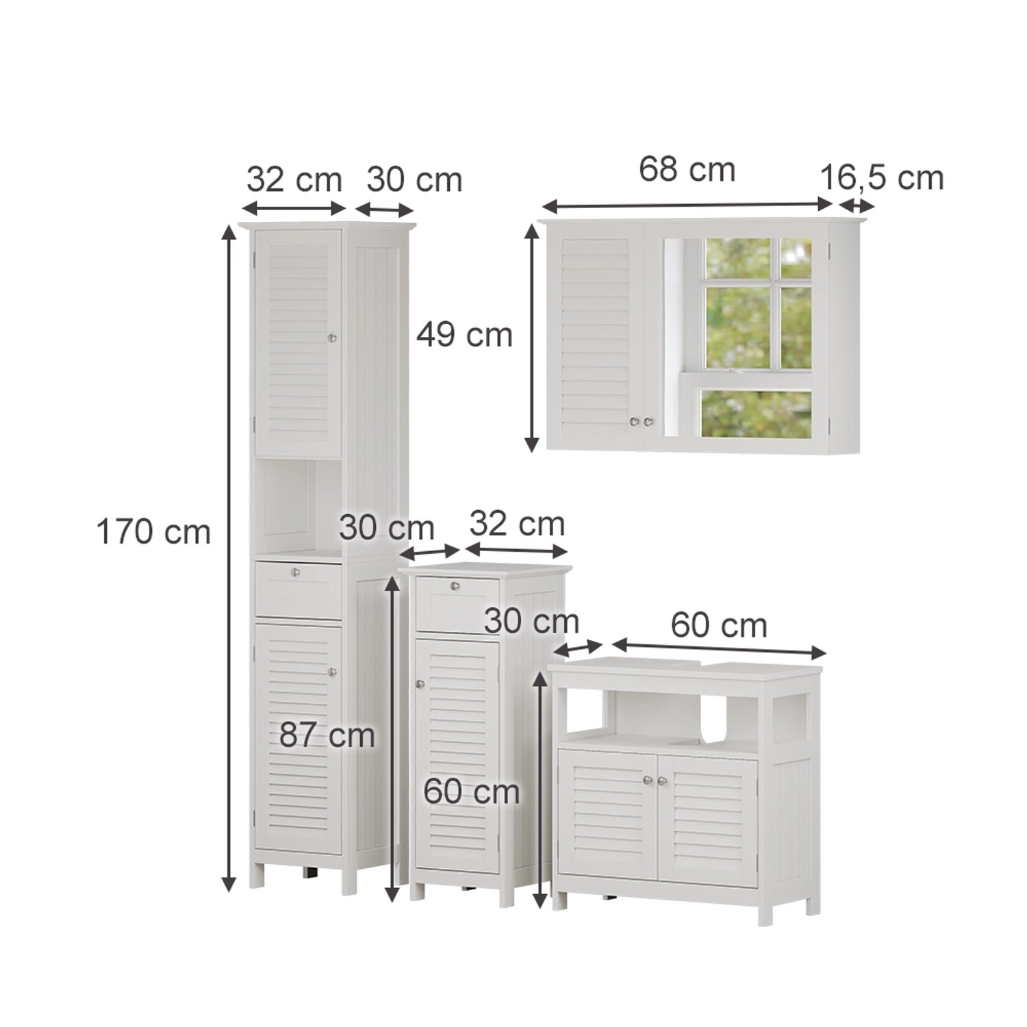 Vicco Badmöbel-Set Riad Weiß, 4-teilig: Hochschrank, Spiegelschrank, Waschbeckenunterschrank, Midischrank.