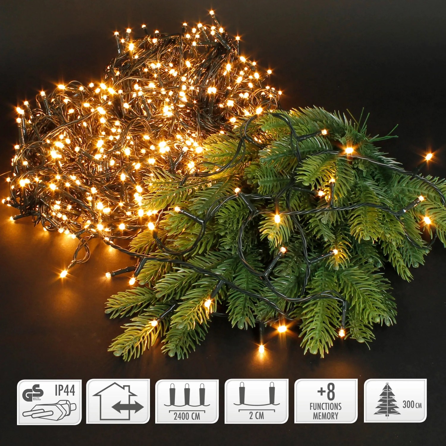ECD Germany LED Cluster Lichterkette, extra warmweiß, 1200 LEDs, 24m, 8 Programme, IP44, Weihnachtsbeleuchtung.
