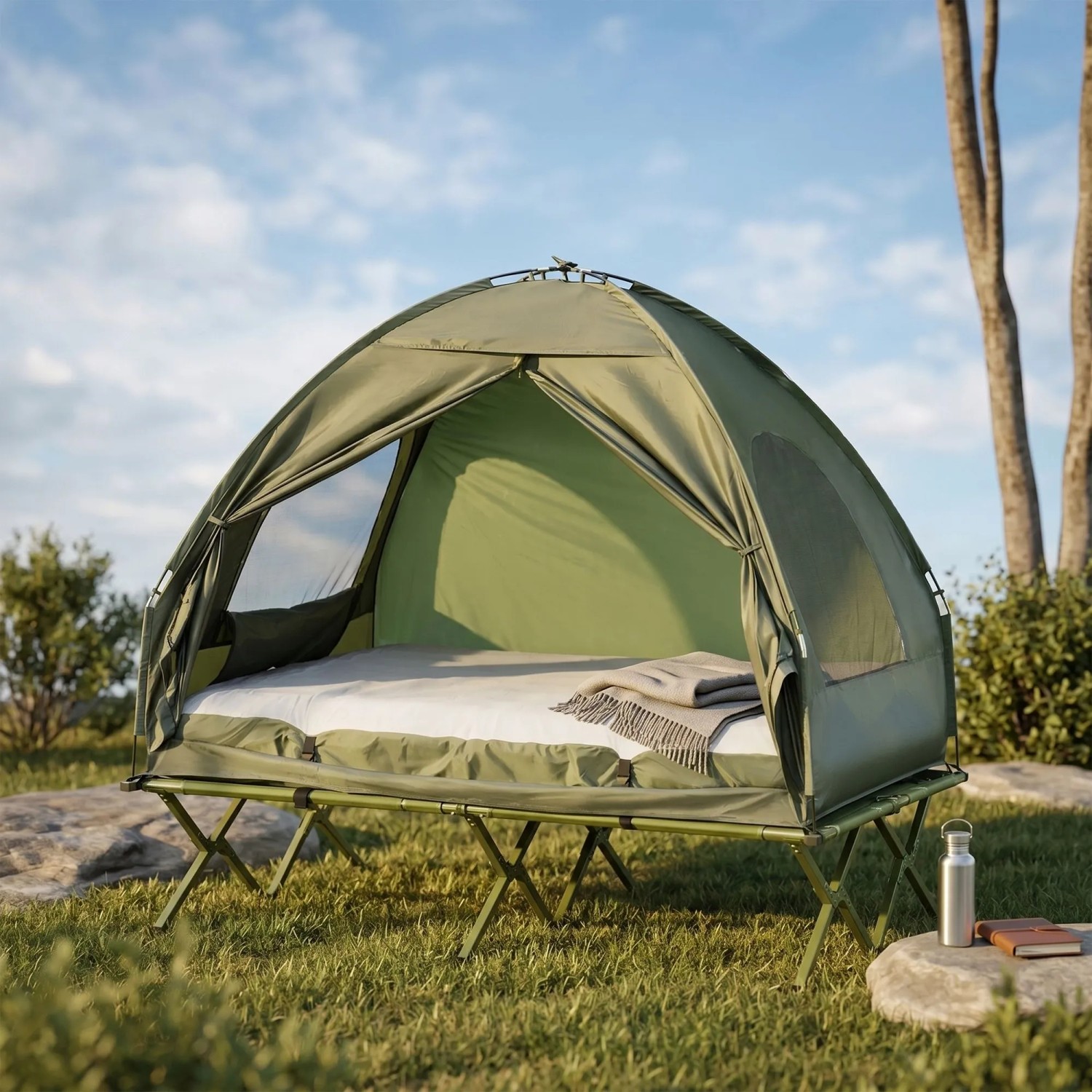 Grünes Campingzelt Set für 2 Personen mit Feldbett und Luftmatratze auf Gras. Erhöhter Schlafkomfort für Outdoor.