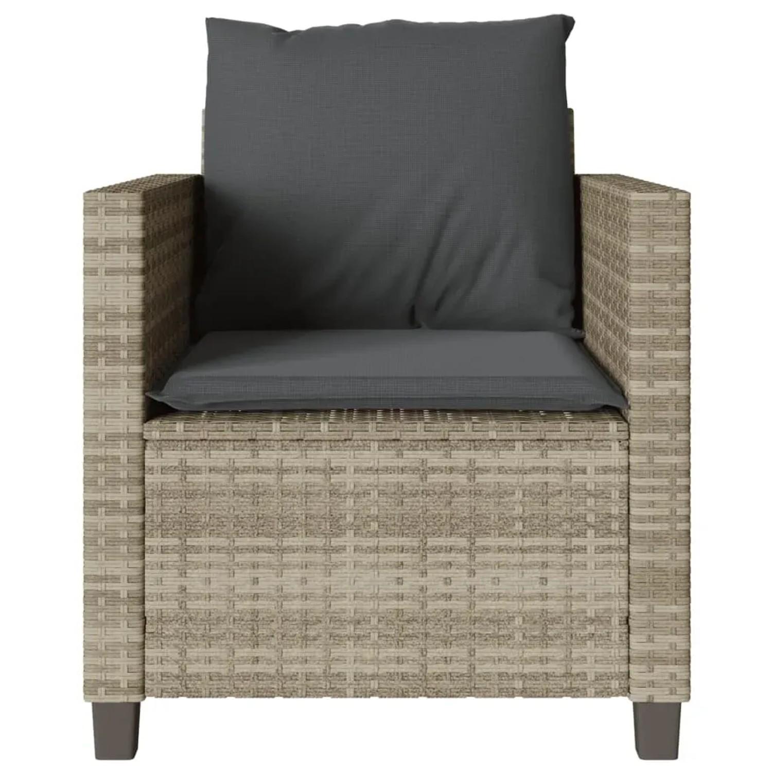 Gartenstuhl aus Poly Rattan, hellgrau, mit dunklen Kissen, Teil des vidaXL Bistro-Sets.