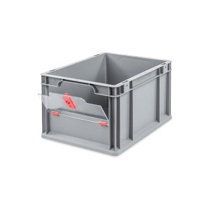 Graue Eurobox mit transparentem Deckel und rotem Verschluss, 20 Liter. Ideal zur Aufbewahrung.
