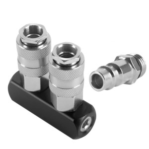 STAHLWERK 2-fach Druckluft-Verteiler aus Aluminium/Messing mit zwei Schnellkupplungen und Stecknippel für Kompressoren.