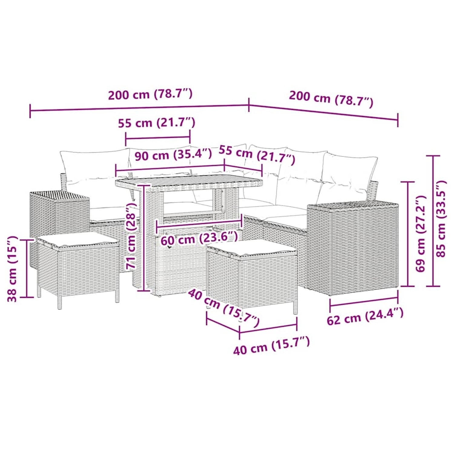 vidaXL Garten-Sofa-Set, 8-teilig, grau, Poly Rattan, mit Maßen. Ideal für Terrasse und Garten.
