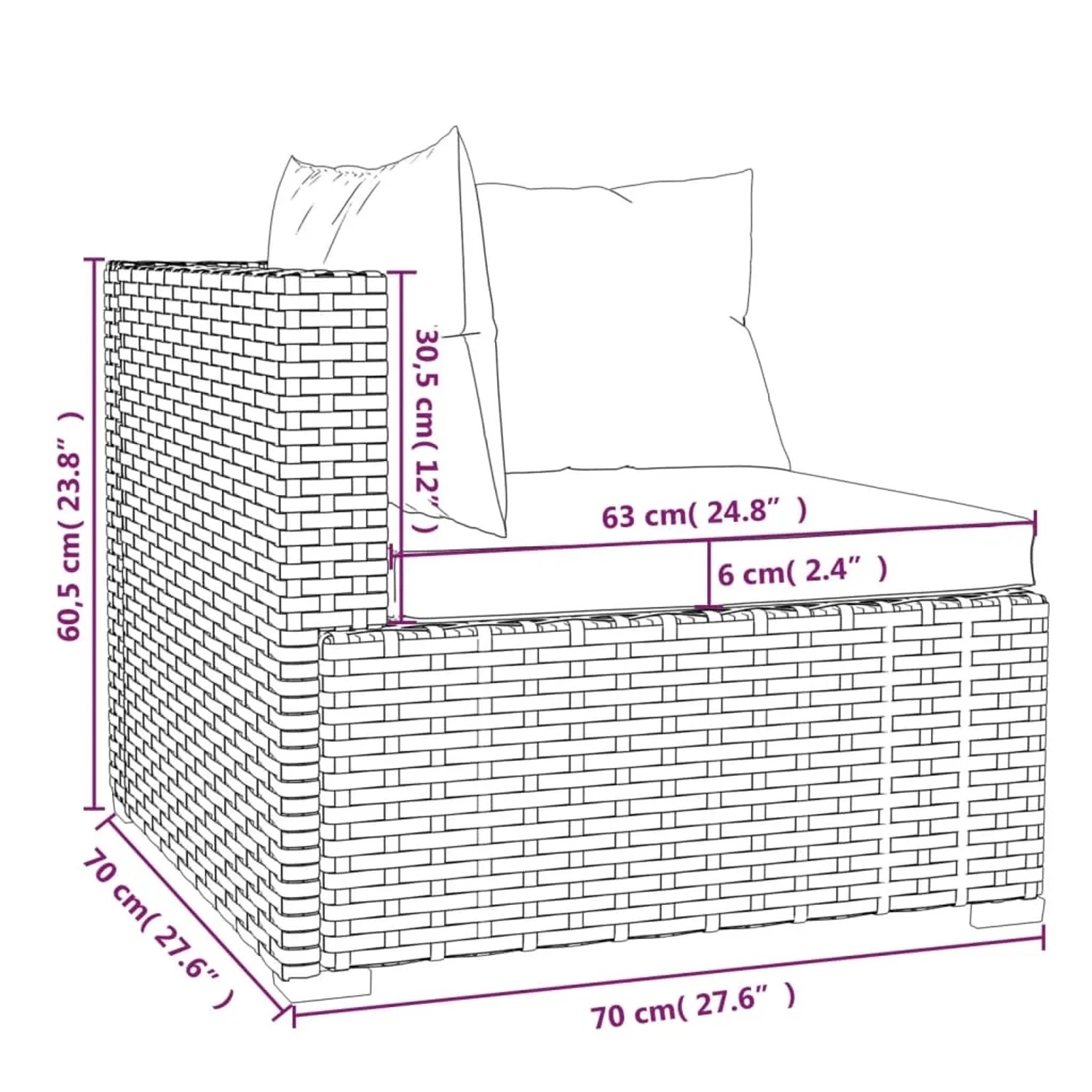 Skizze eines grauen Gartenlounge-Eckteils aus Rattan mit Kissen und Maßangaben.