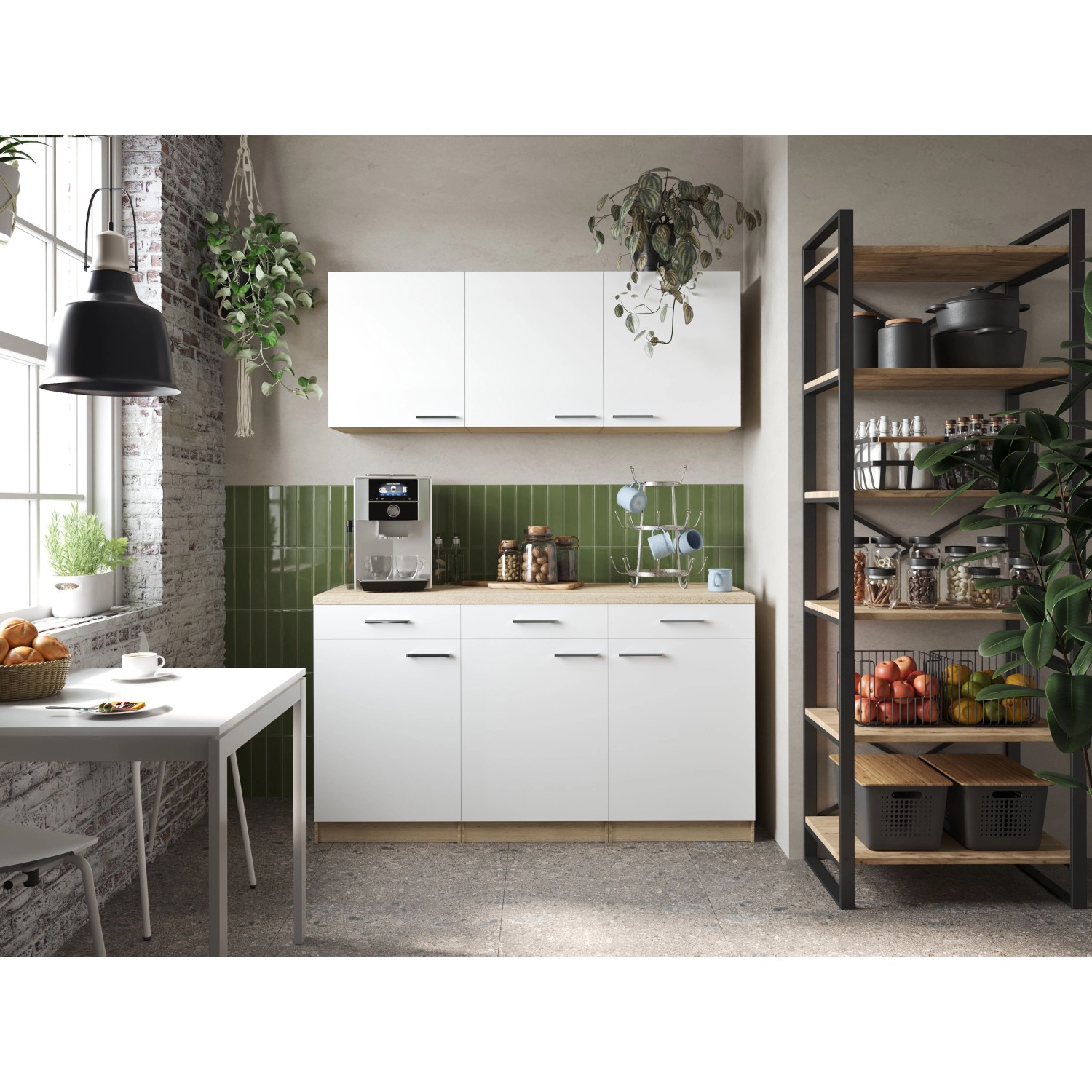 Respekta Küchenmöbel-Set Merle 150 cm in Weiß mit Ober- und Unterschränken.