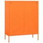 Oranger Lagerschrank aus Stahl mit zwei Türen und vier Beinen. Moderner Wohnzimmerschrank für Stauraum.