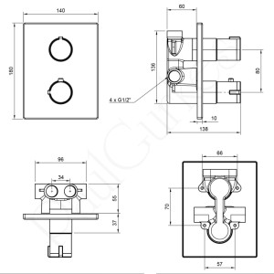 Technisches Diagramm des PaulGurkes Unterputz Thermostats, eckig, mit zwei runden Bedienelementen und G1/2 Anschlüssen. Zeigt Maße.