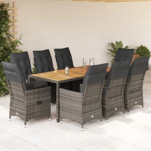 9-teilige Garten-Essgruppe aus grauem Poly Rattan mit Tisch und Sesseln mit Kissen.