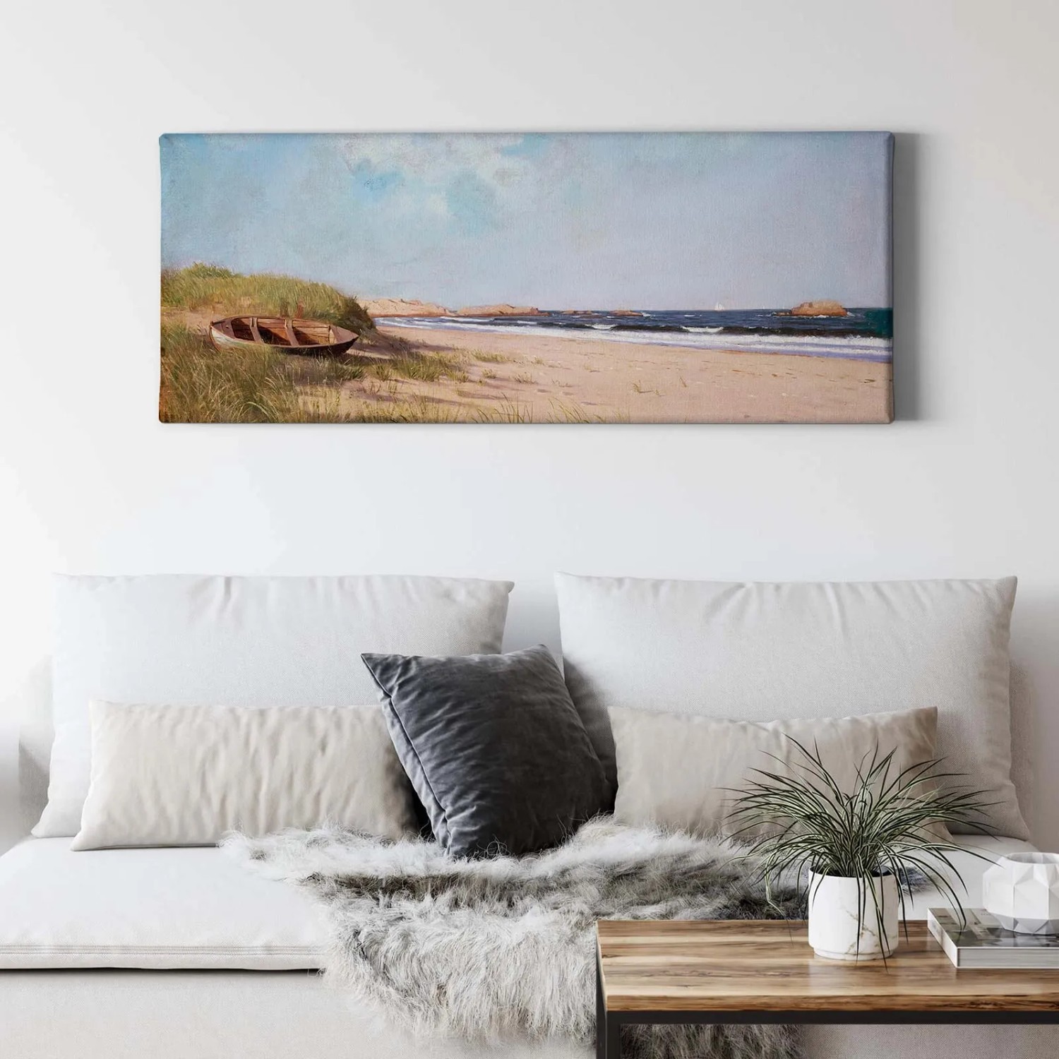 Gemaltes Wandbild mit Meer, Strand und Boot im maritimen Stil. Leinwandbild für Wohnzimmer und Schlafzimmer.
