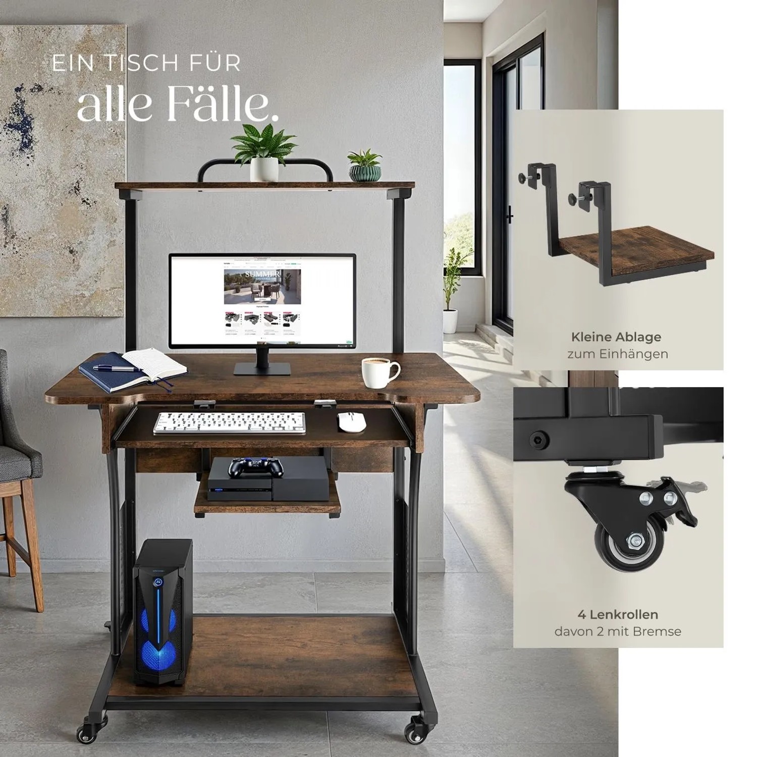 Tectake Schreibtisch Fife im Industrial Style mit Ablagen und Rollen.