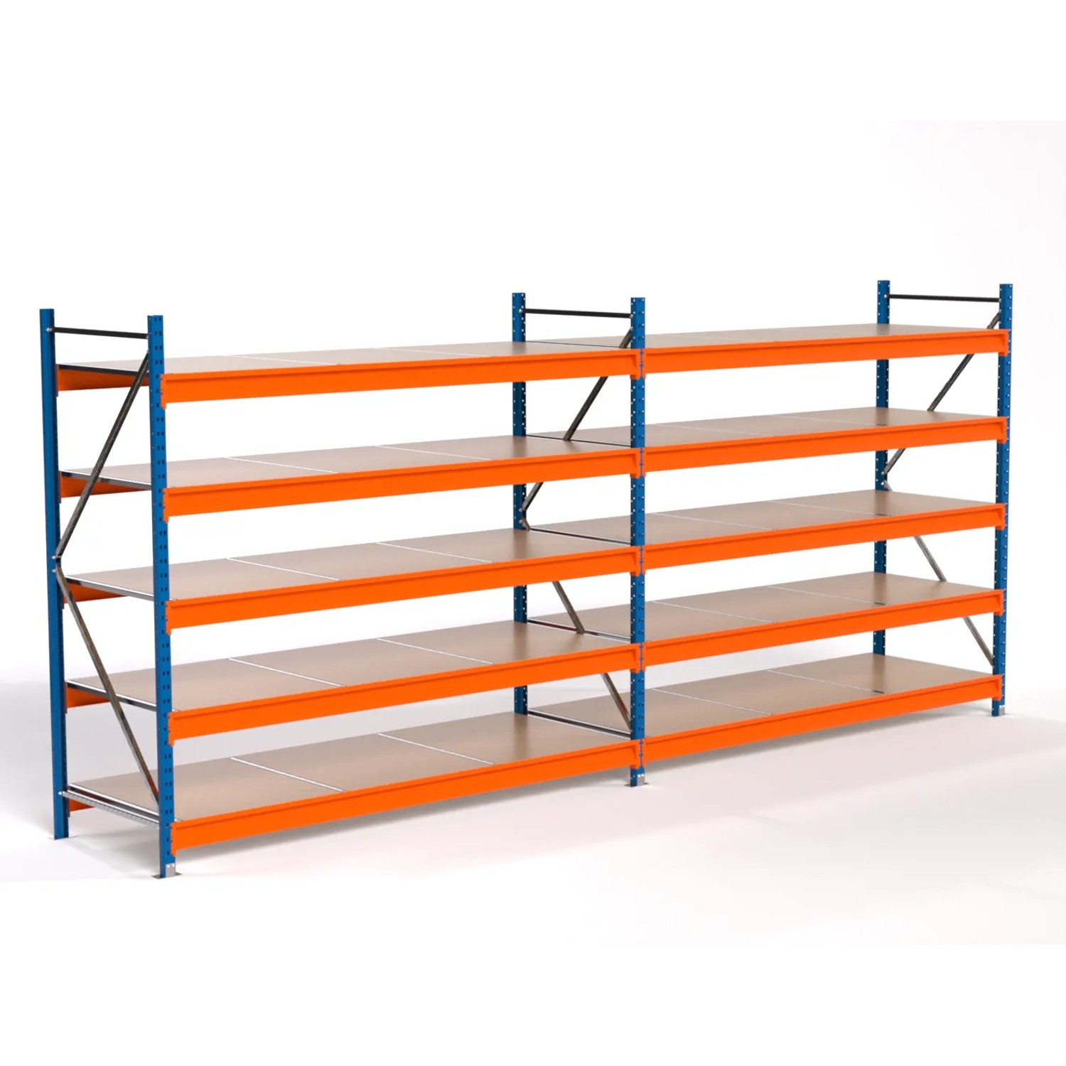 PROREGAL Industrie Weitspannregal Lagerregal MAXIMUS PRO Komplettregal 2 Felder HxBxT 200x450x80cm 5 Spanplatten-Fachboden Fachlast 610kg Blau/Orange