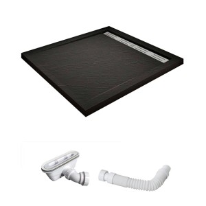 Duschparadies Duschwanne Duschtasse 90x90x3cm für Duschkabine Duschwand Walk-in Glas Stein-Effekt Quadrat Schwarz mit Ablaufabdeckung Ablaufgarnitur