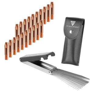 STAHLWERK MIG MAG Düsen-Set: 20 Stromdüsen 0,9 mm mit Reinigungsnadeln und Etui für Schweißgeräte.
