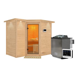 Karibu Massivholzsauna Steena 2 mit Bio-Ofen und LED-Dachkranz in Natur.
