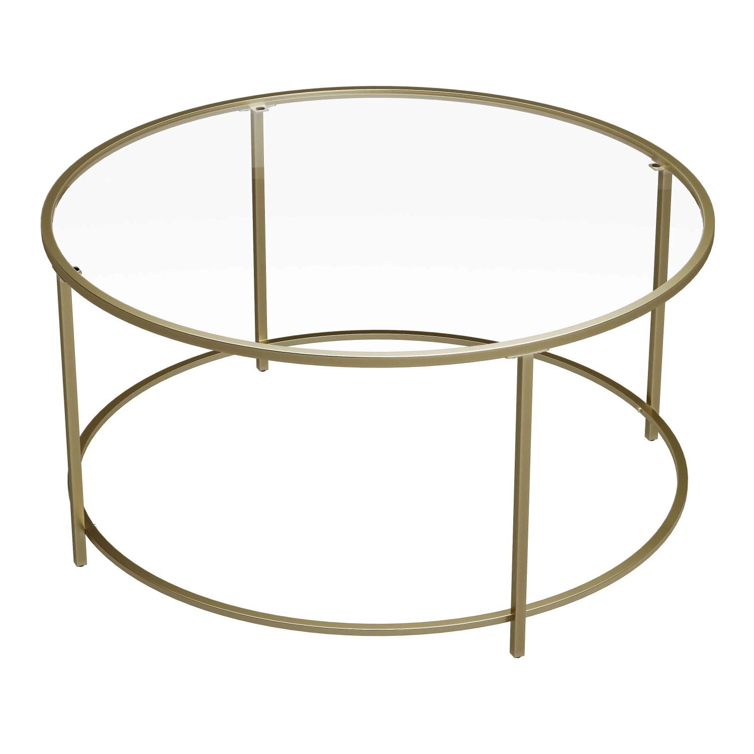 Eleganter Vasagle Couchtisch mit Glasplatte und goldenem Stahlrahmen.