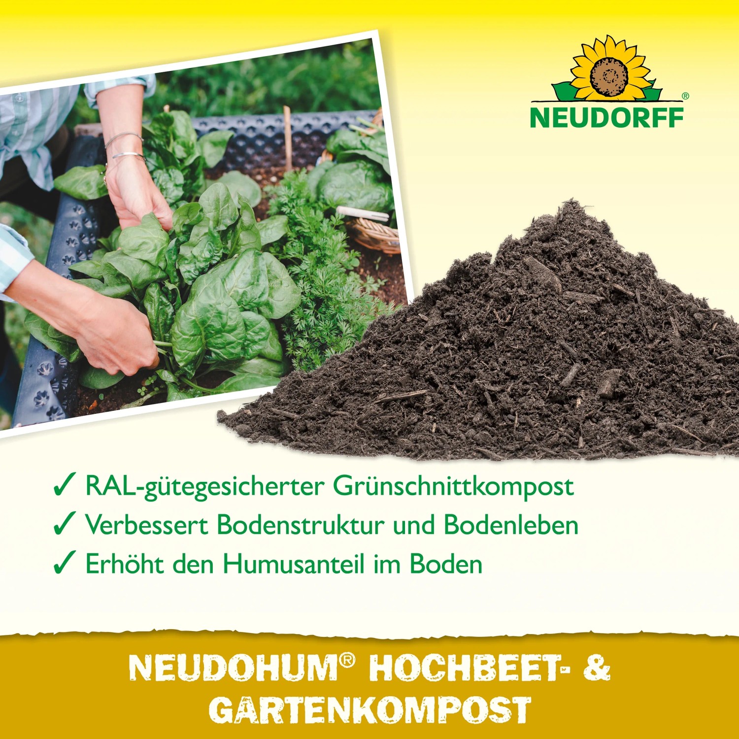 Neudorff Neudohum Hochbeet- & Gartenkompost 40L: Komposthaufen und Hochbeet mit Spinat.