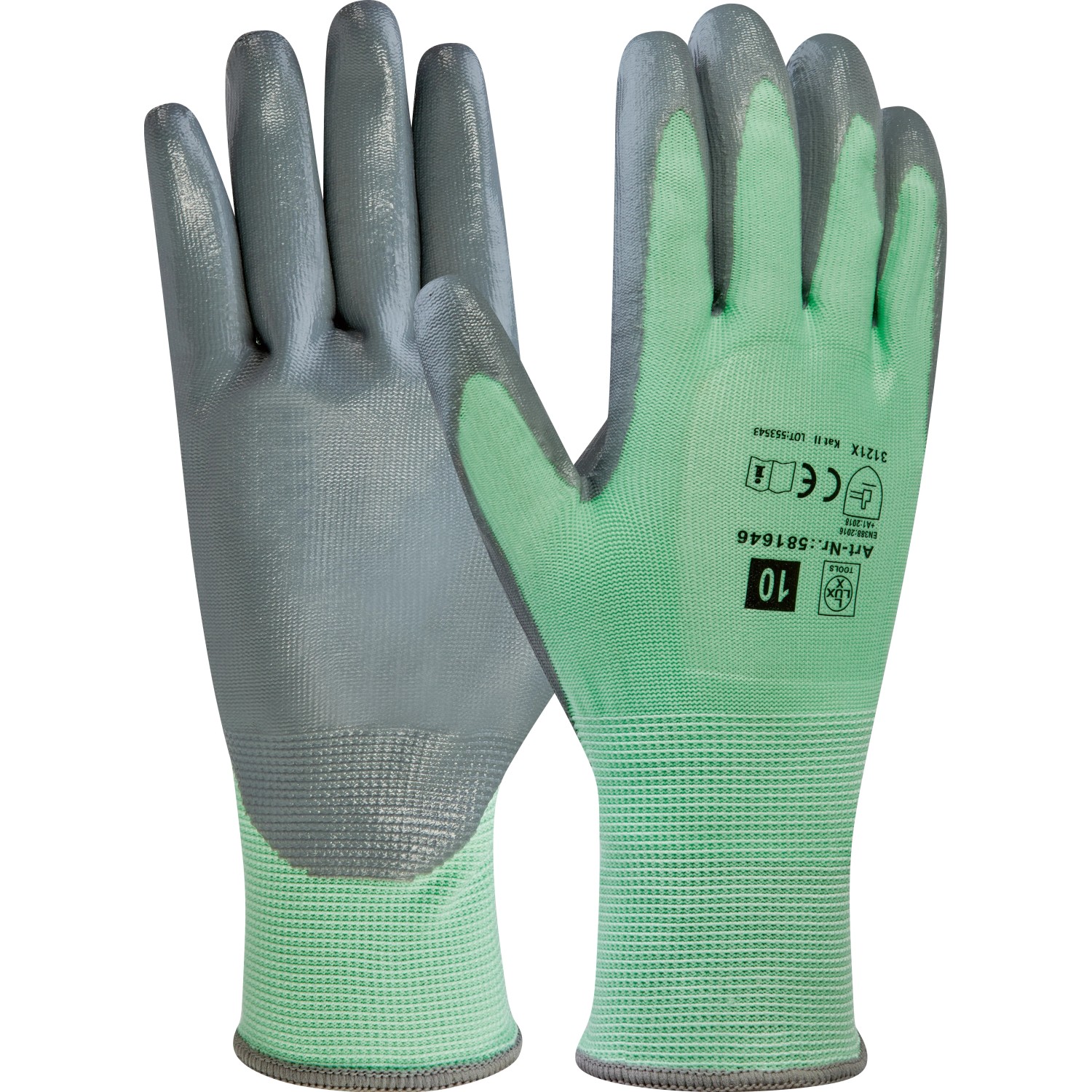 LUX Tankhandschuhe Größe 10, Arbeitshandschuhe mit Nitrilbeschichtung, grau/grün.